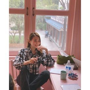 #Cybermondaysale ZARA CHECKED TOP WITH TIE PUFF SLEEVES BLOUSE BLACK WHITE